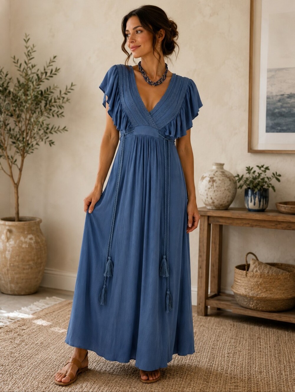 Baltic Born Blue Flutter Sleeve Boho Maxi Dress XS Tassel Tie Romantic